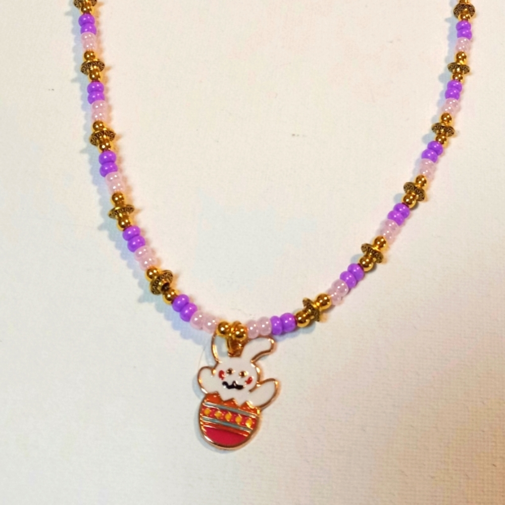 Pink & Purple Beaded Hatching Bunny Charm Necklace
